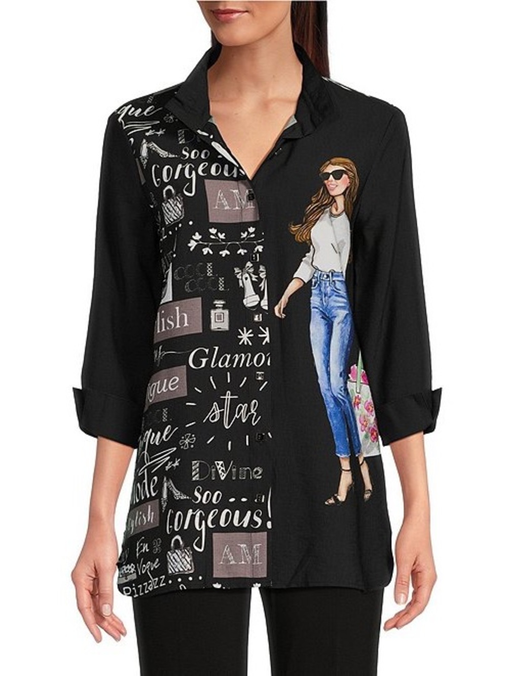 Ali Miles Rayon Blend Black Button Up 3/4 Sleeve Wire Collar Black Fashion Top